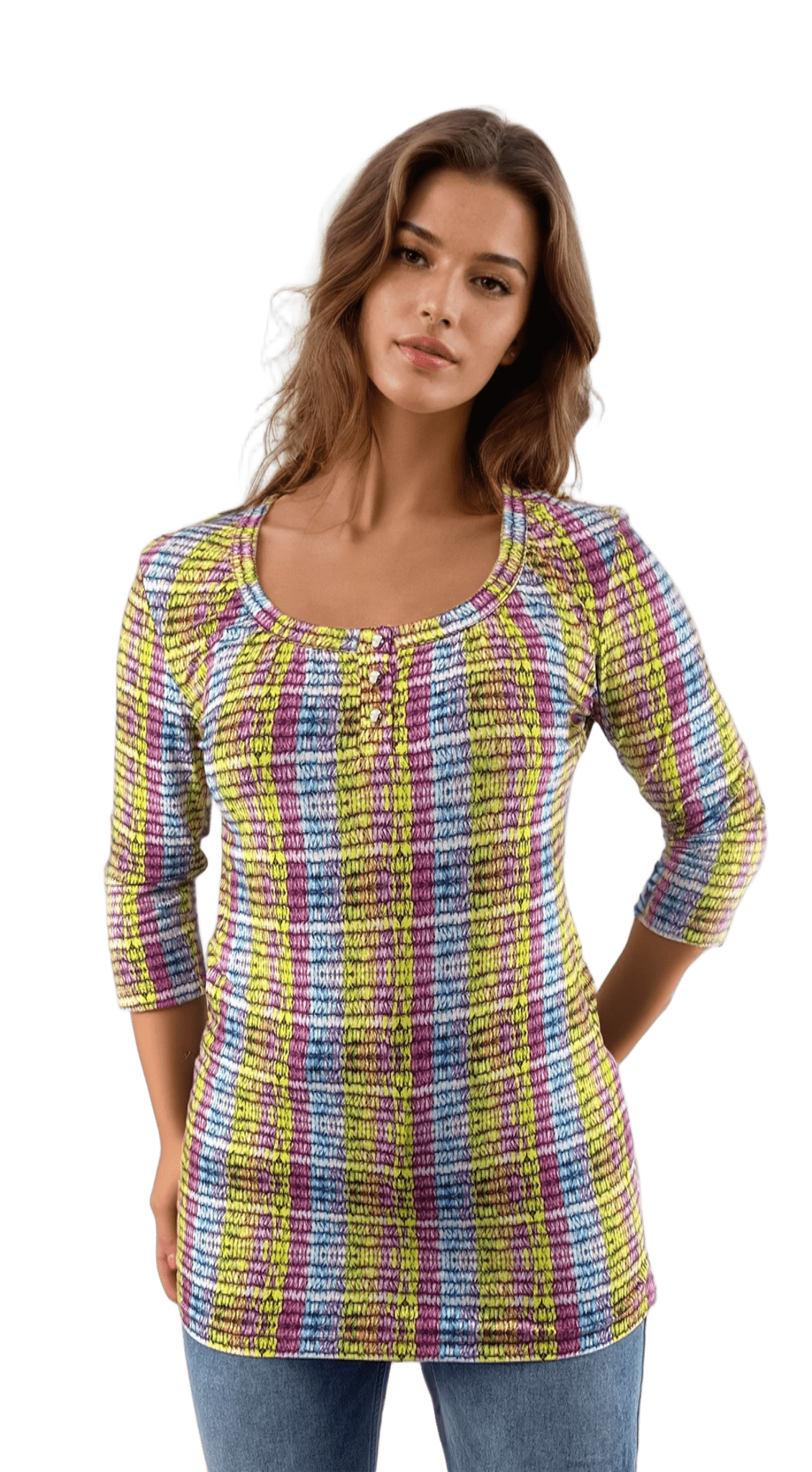 Tunică de damă - tricou cu mânecă 3/4, decolteu rotund și nasturi