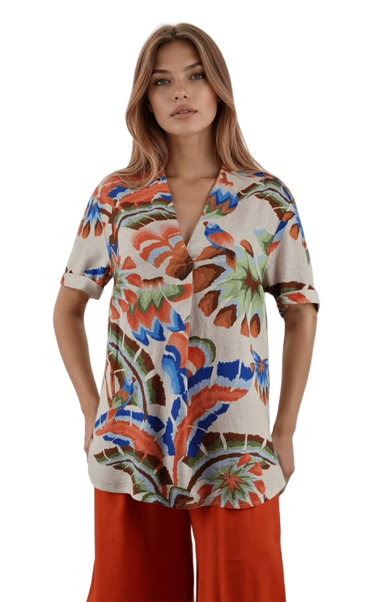 Cămașă-tunică din in pentru femei, cu mâneci scurte și decolteu ascuțit