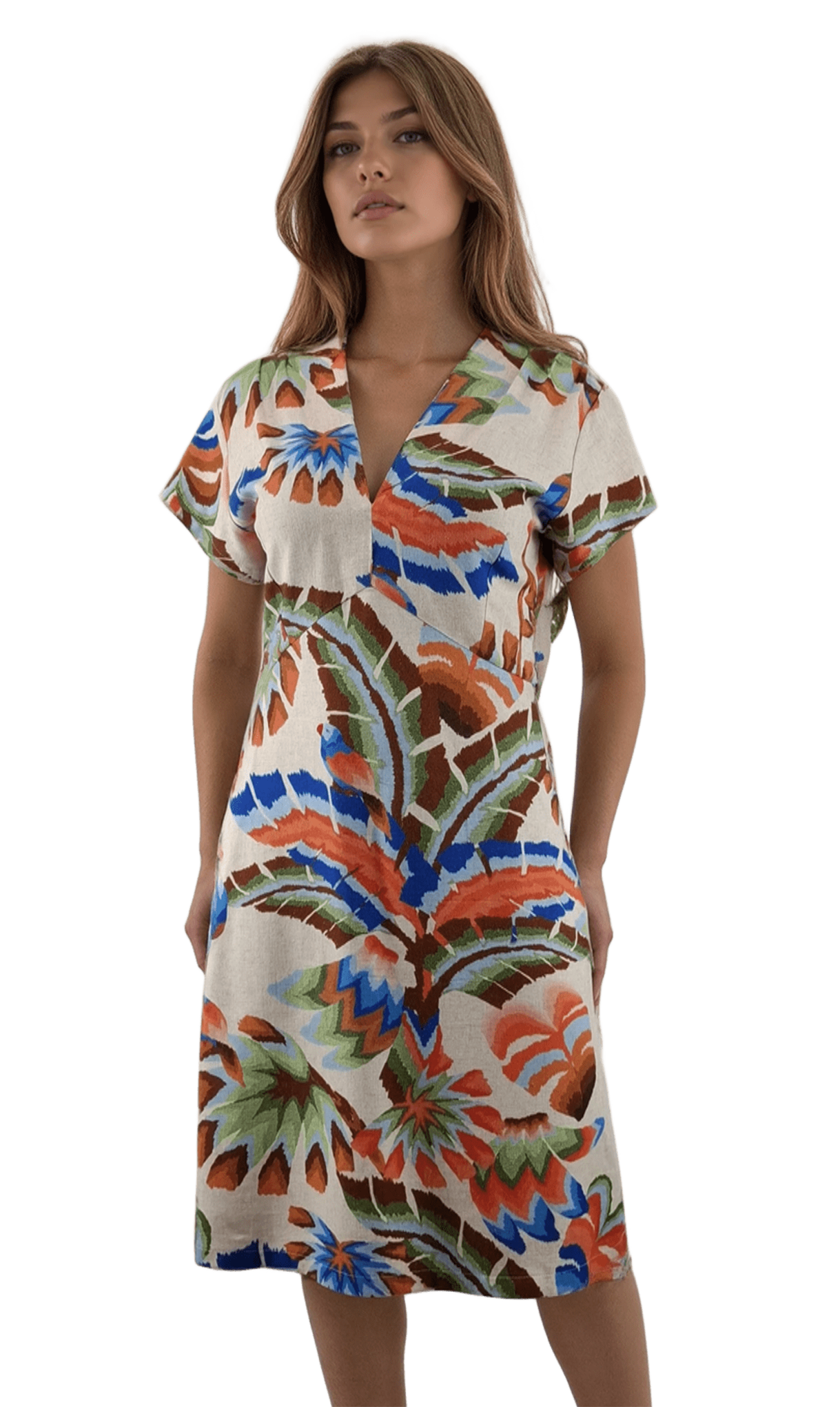 Rochie de damă din in cu mâneci scurte și decolteu ascuțit