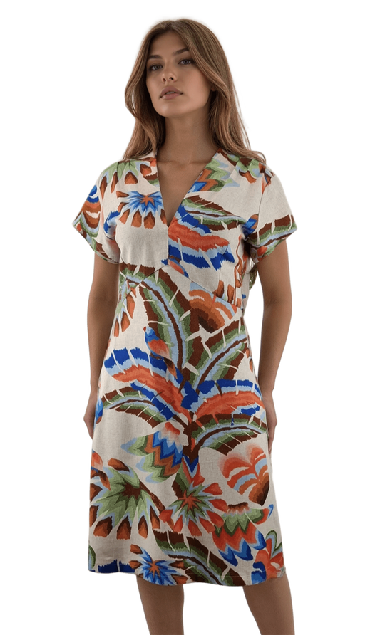 Rochie de damă din in cu mâneci scurte și decolteu ascuțit