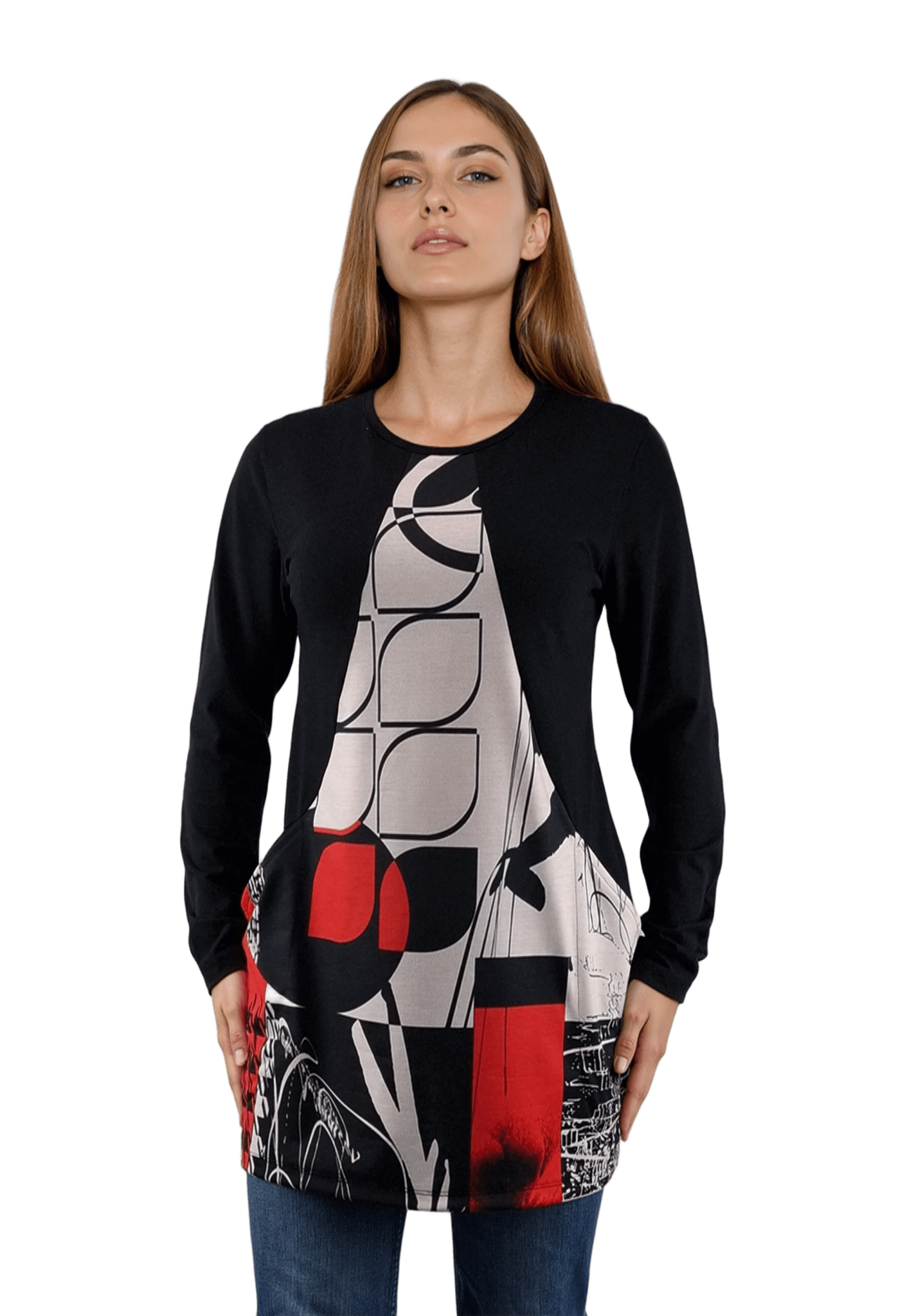 Bluză-tunică asimetrică pentru femei cu mâneci lungi și decolteu rotund