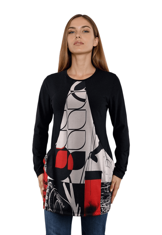 Bluză-tunică asimetrică pentru femei cu mâneci lungi și decolteu rotund