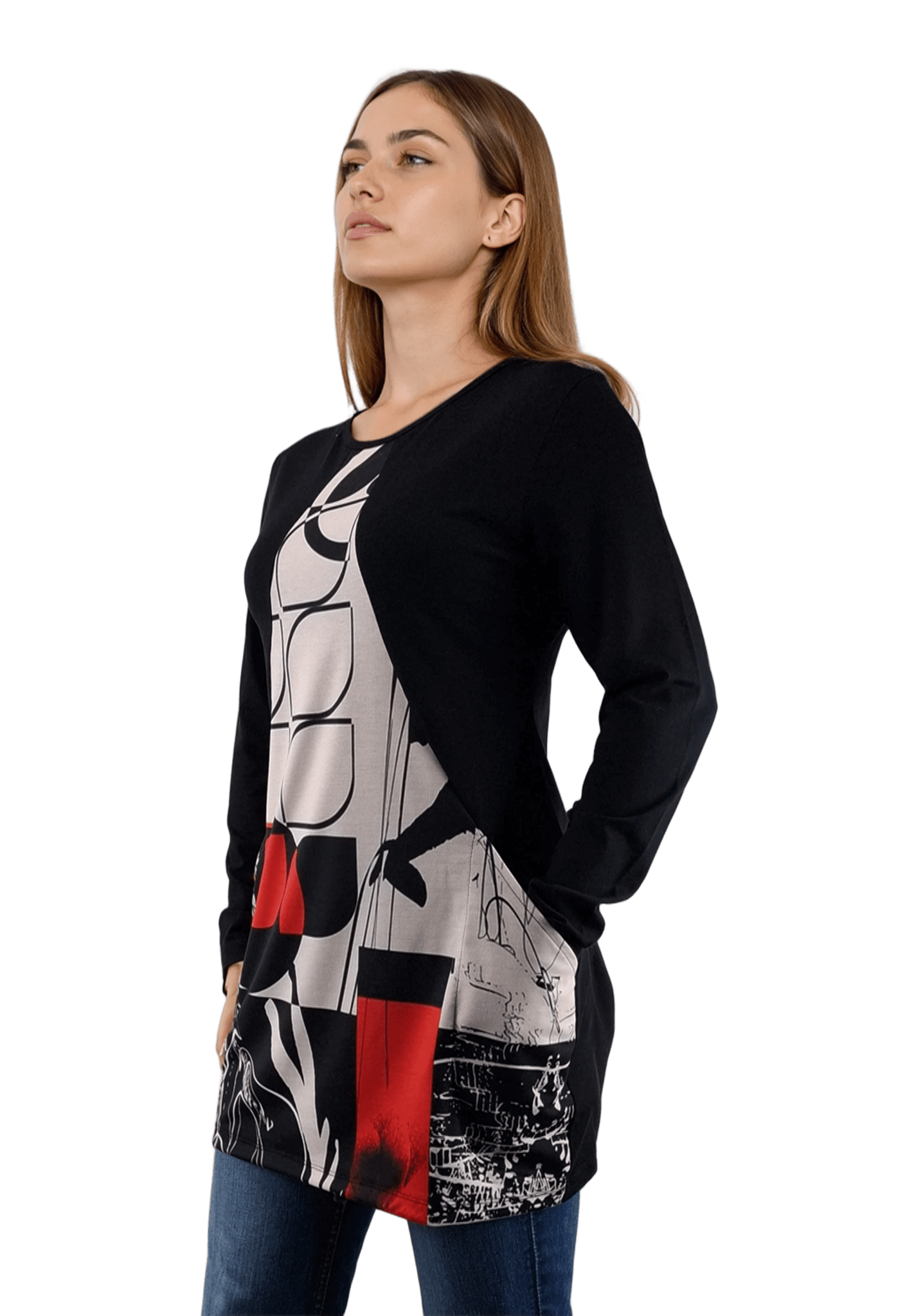 Bluză-tunică asimetrică pentru femei cu mâneci lungi și decolteu rotund