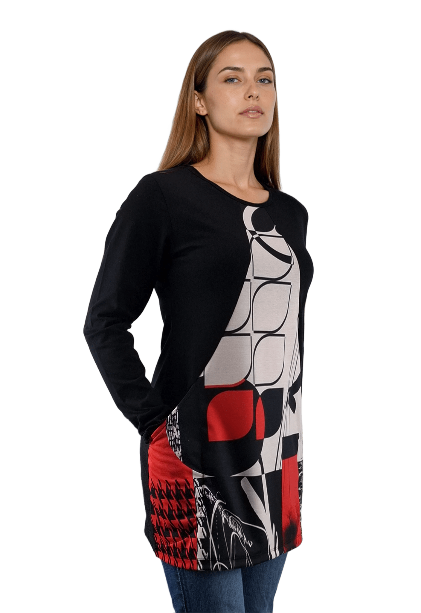 Bluză-tunică asimetrică pentru femei cu mâneci lungi și decolteu rotund