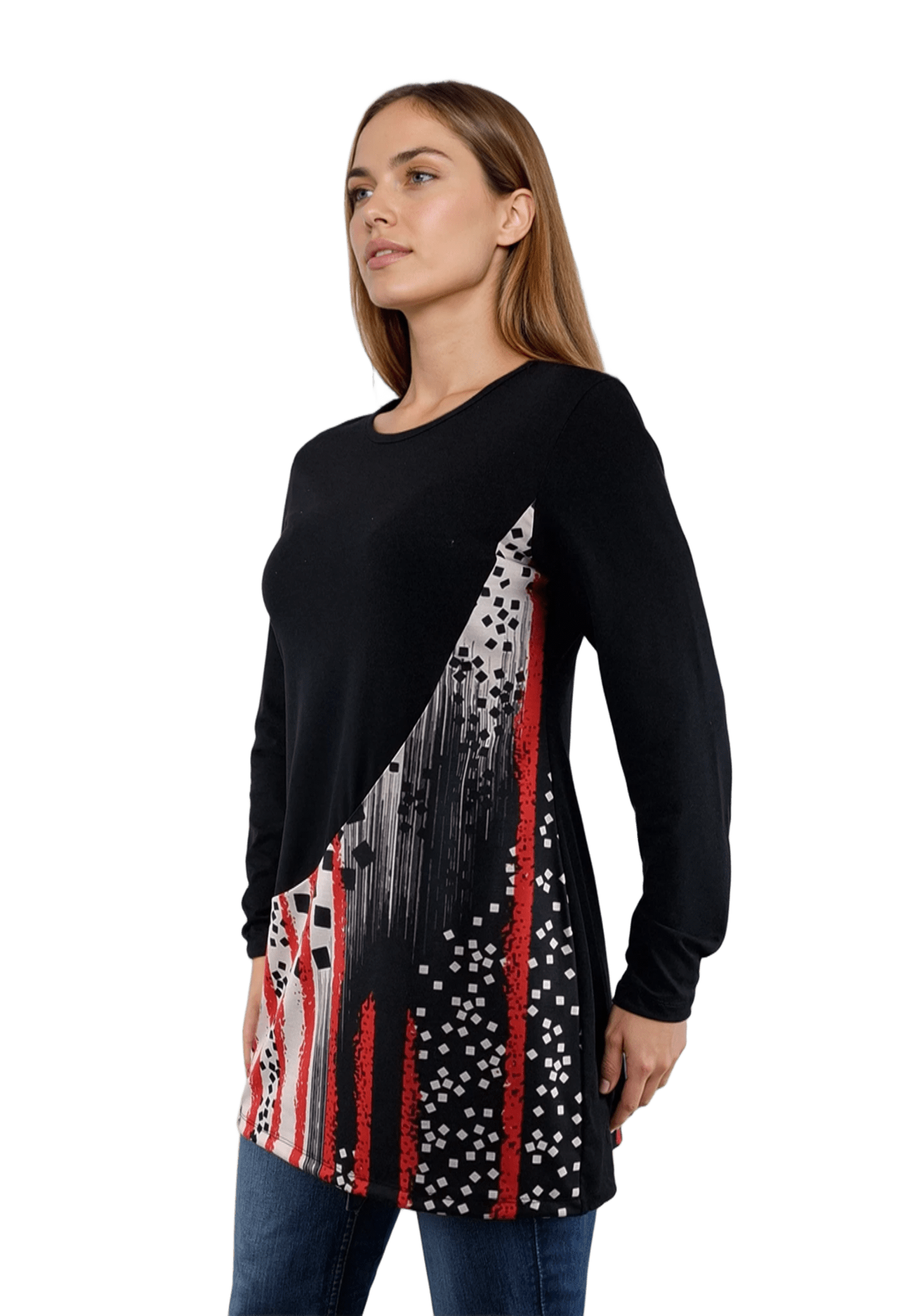 Bluză-tunică asimetrică pentru femei cu mâneci lungi și decolteu rotund