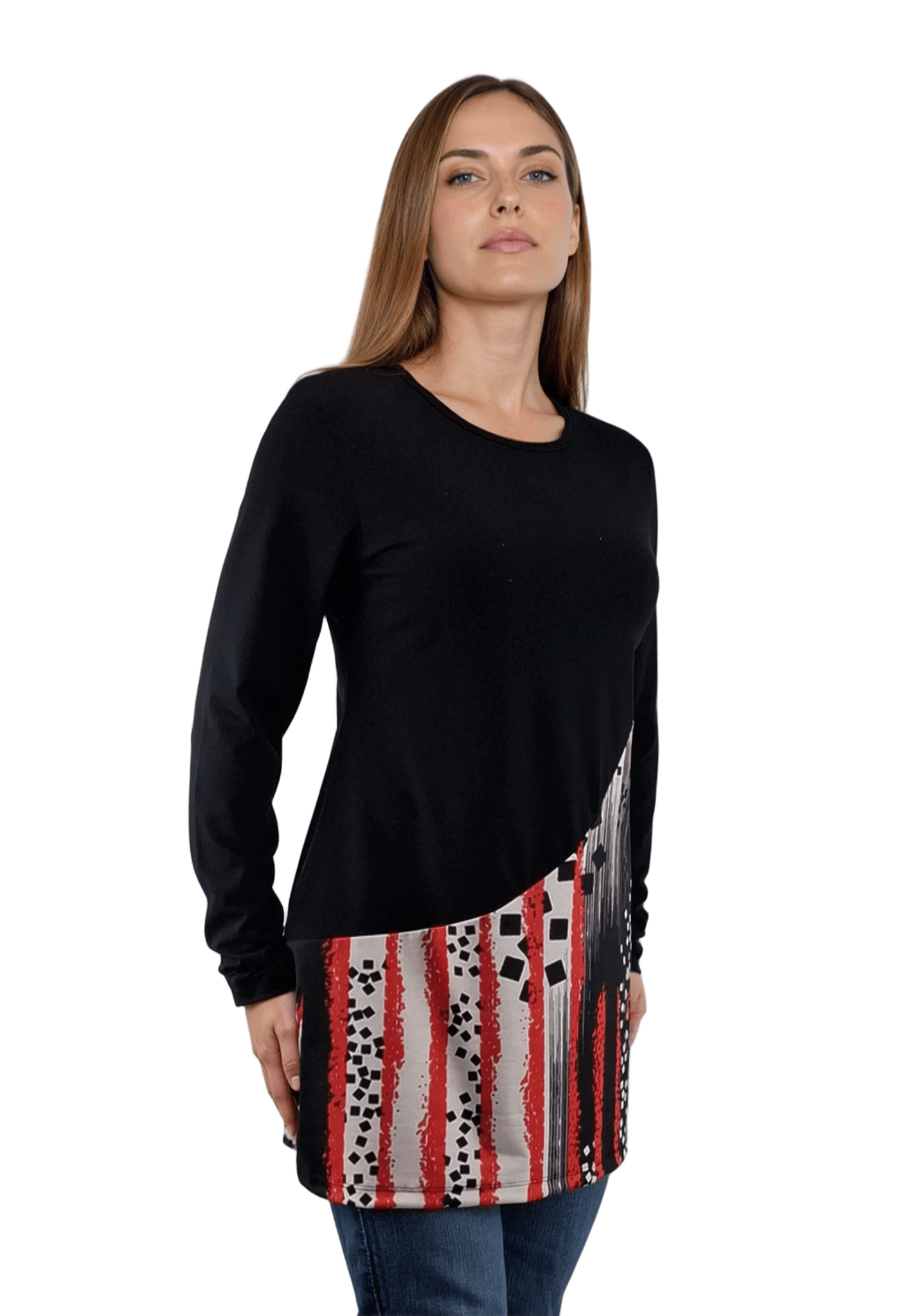 Bluză-tunică asimetrică pentru femei cu mâneci lungi și decolteu rotund