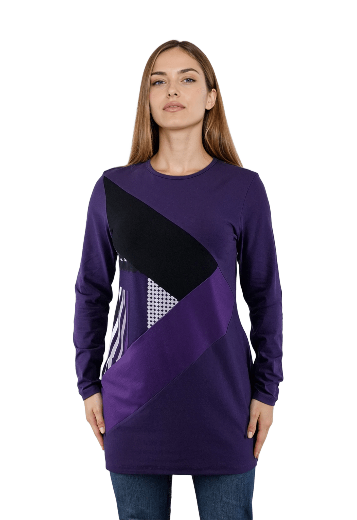 Bluză-tunică asimetrică pentru femei cu mâneci lungi și decolteu rotund