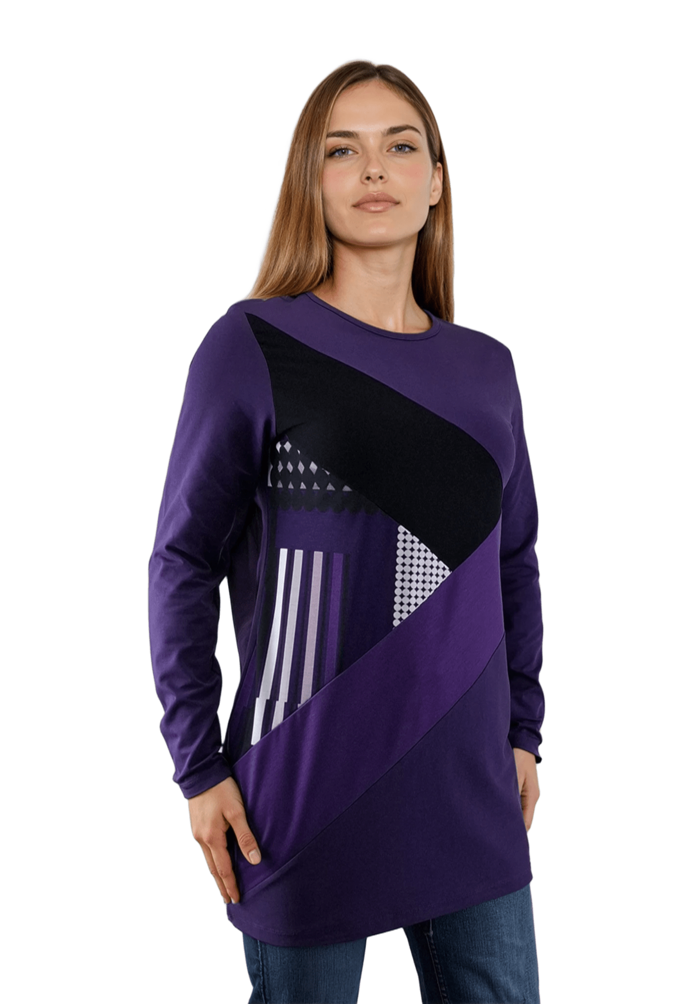 Bluză-tunică asimetrică pentru femei cu mâneci lungi și decolteu rotund