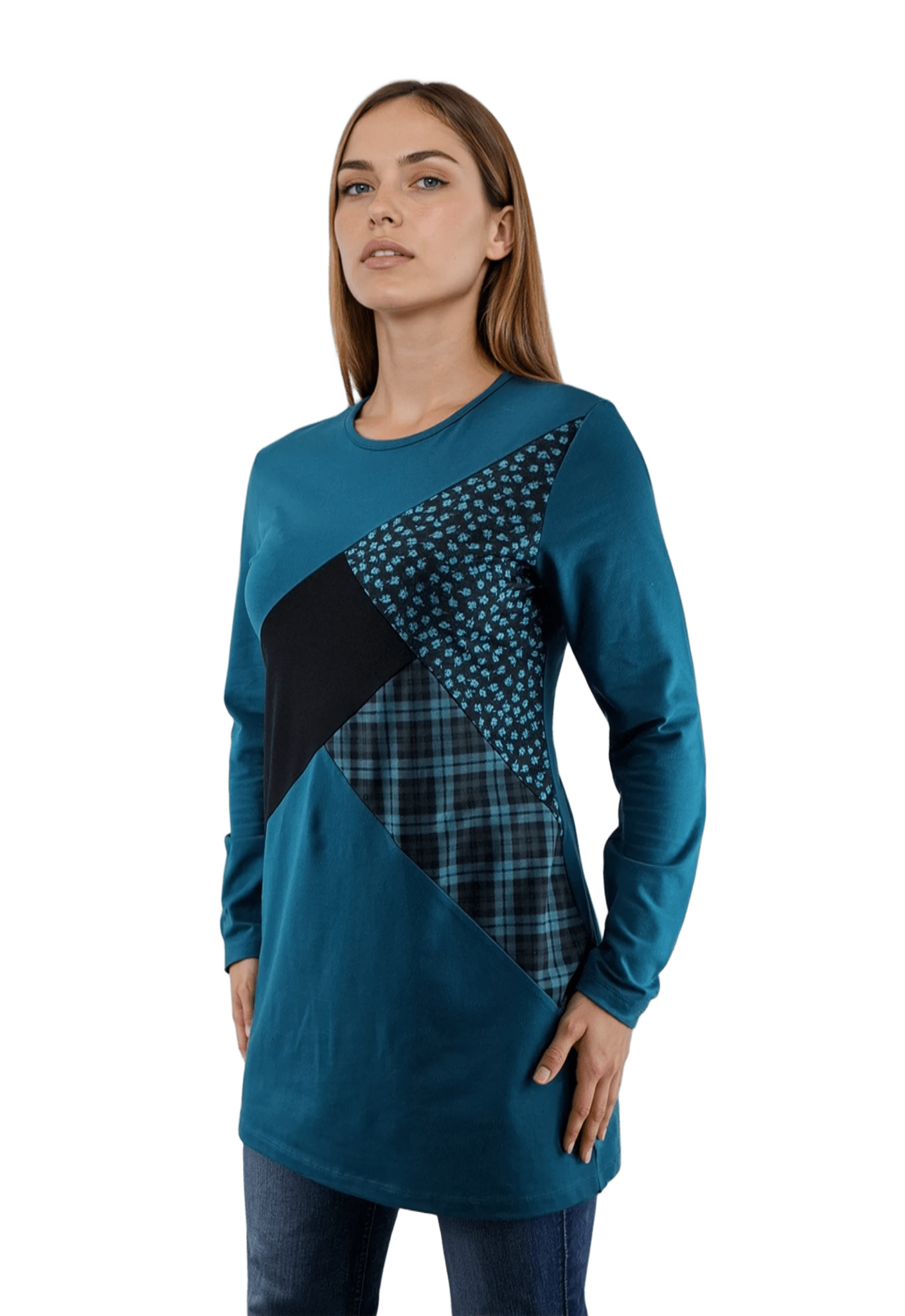 Bluză-tunică asimetrică pentru femei cu mâneci lungi și decolteu rotund